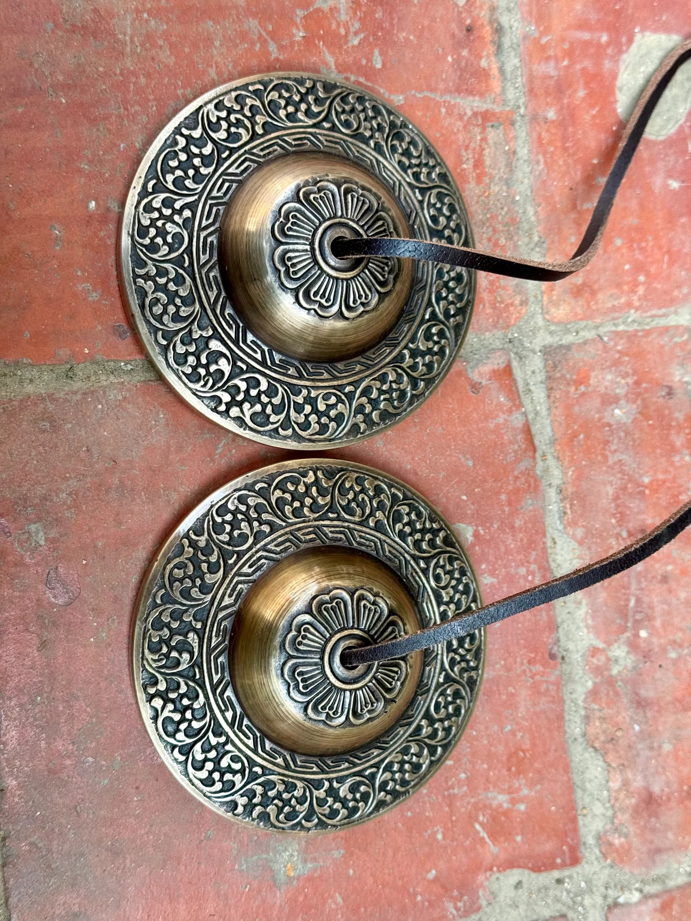 A pair of bronze tingsha cymbals joined by a leather cord